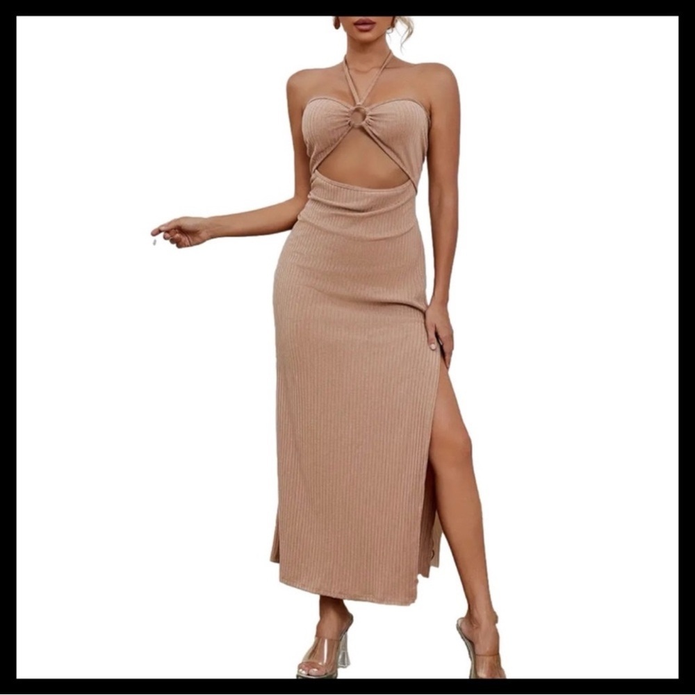 BOUTIQUE Tan Bodycon Halter Dress with Cut Out and Slit